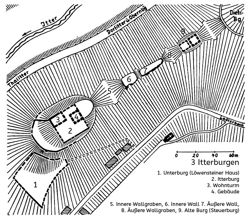 Lageplan der drei Itterburgen bei Thalitter.