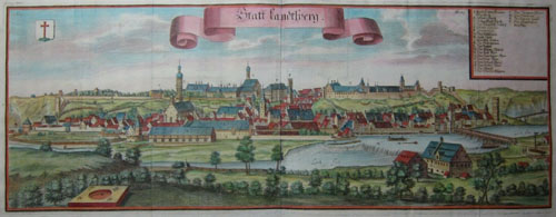 Zeitgenössischer Stich von Landsberg zum Ende des 17. Jh. Ansicht der Stadt von Nordosten.