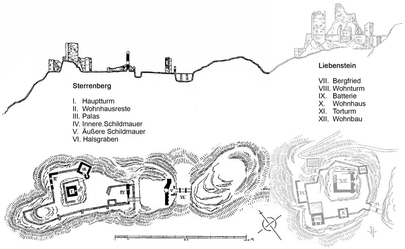 Längs- und Querschnitt der Burg Sterrenberg und Liebenestein