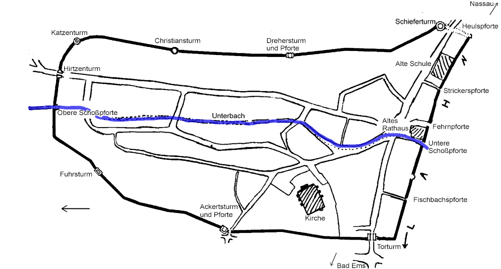 Stadtmauer in Dausenau mit Verlauf von Straßen und Bach