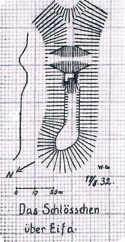 Schematische Grundriss-Skizze der Burg Eifa von Will Görich, 1932.