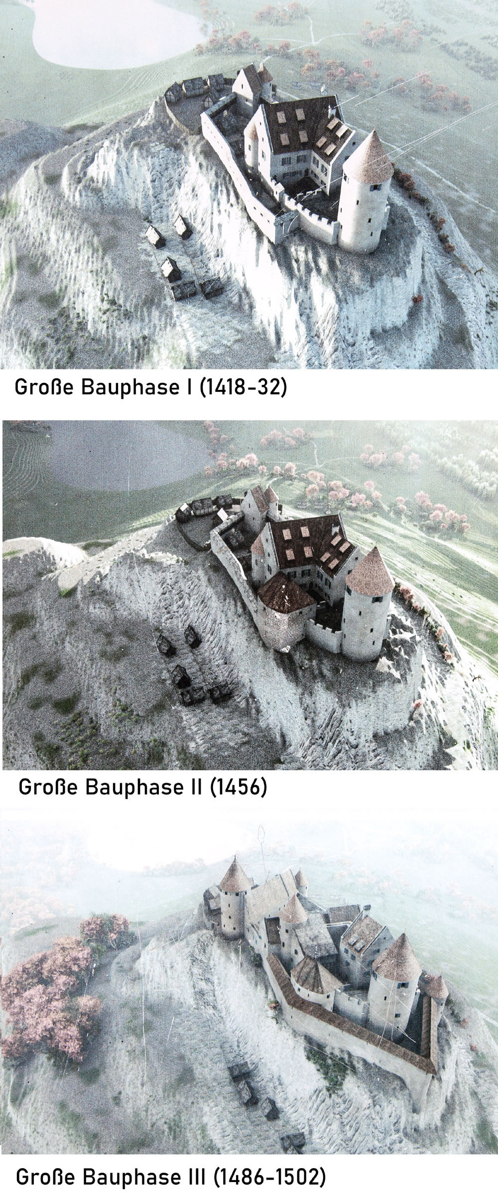 Rekonstruktionszeichnung der Burg Hohenfreyberg während verschiedenener Bauphasen