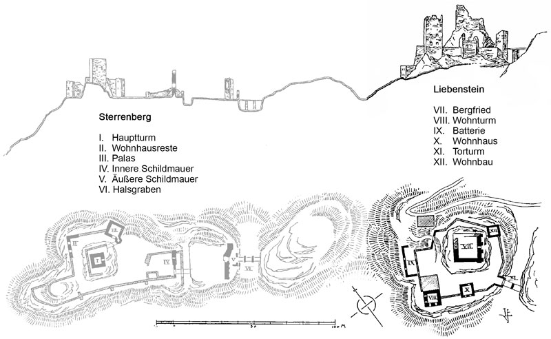 Längs- und Querschnitt der Burg Sterrenberg und Liebenestein