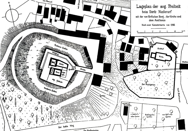 Lageplan der 'von Urffschen Burg' in Bad Zwesten-Niederurff (nach einer Katasterkarte von 1785)