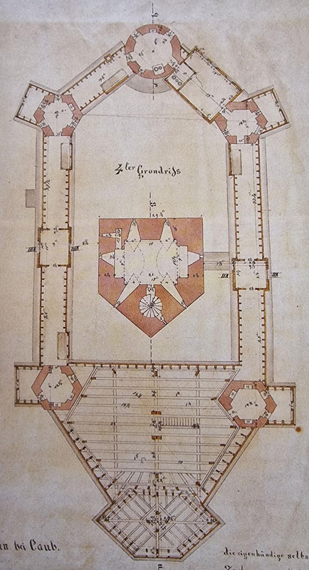 Kolorierte Aufmaßplan. Erstellt anläßlich der Übergabe des Pfalzgrafensteins von Nassau an Preußen im Otkober 1866 von Ludwog Fuchs.