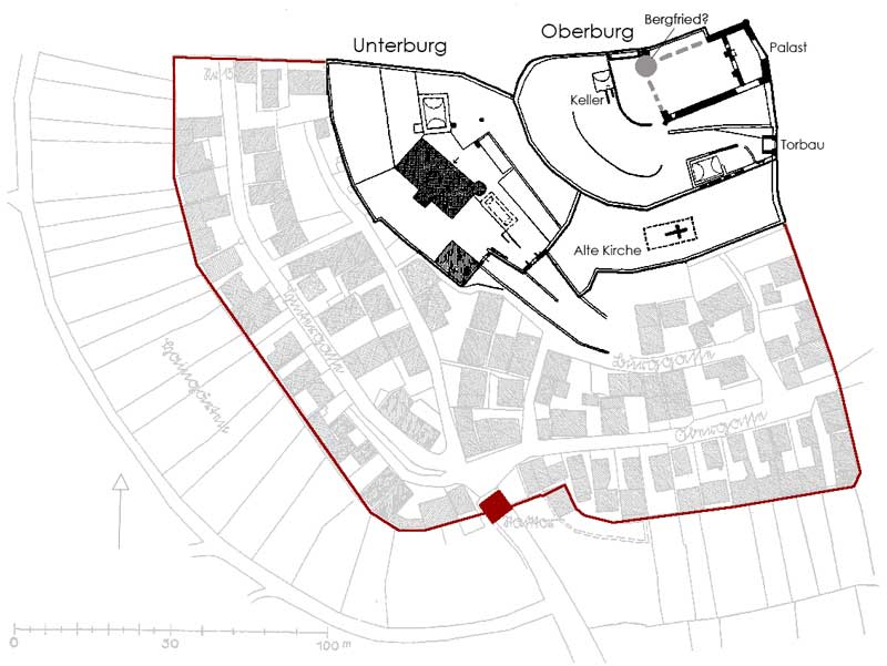 Grundriss des alten Staufenberg innerhalb der Stadtmauer