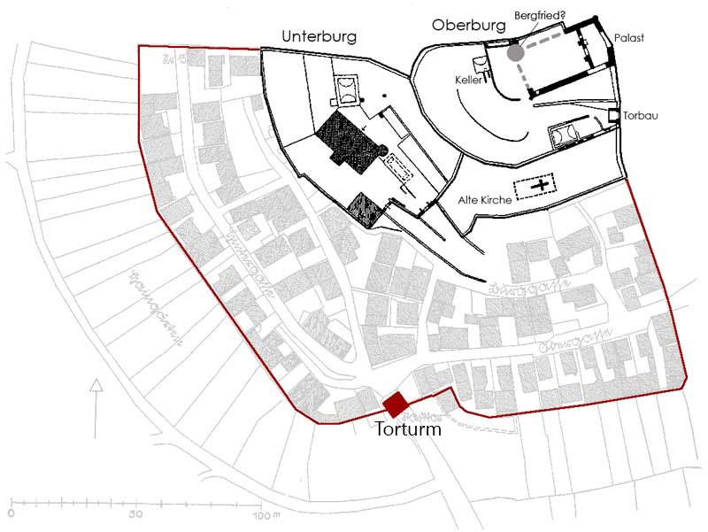 Grundriss des alten Staufenberg innerhalb der Stadtmauer