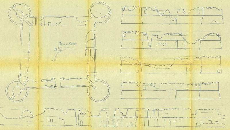 Survey of the castle, with the identification of the collapses of the perimetral walls (Orlandi, 1962, from Historic Archive of Genio Civile, section of L’Aquila, subsection of Avezzano).