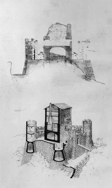 Rocca Calascio als Ruine. Rekonstruktionszeichnung der Rocca Calascio.