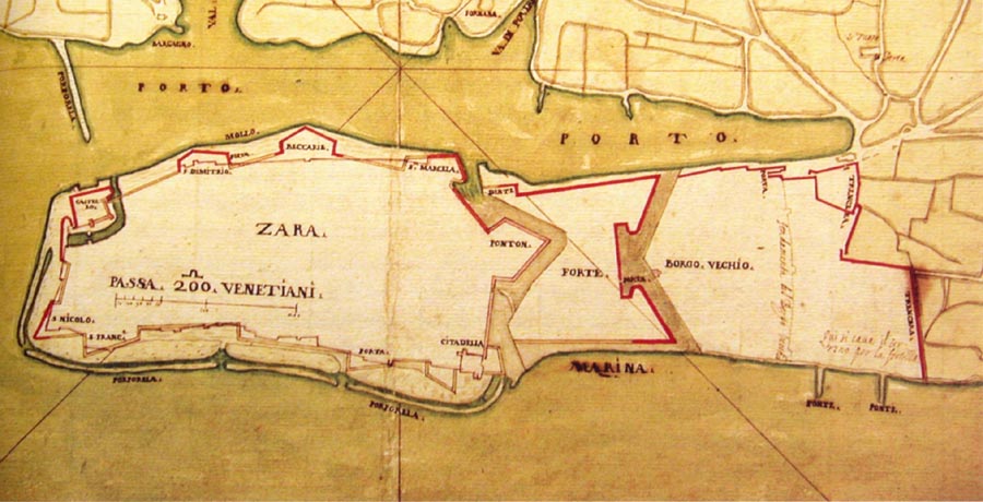 Grundriss der befestigten Stadt Zadar (Zara) von 1568.
