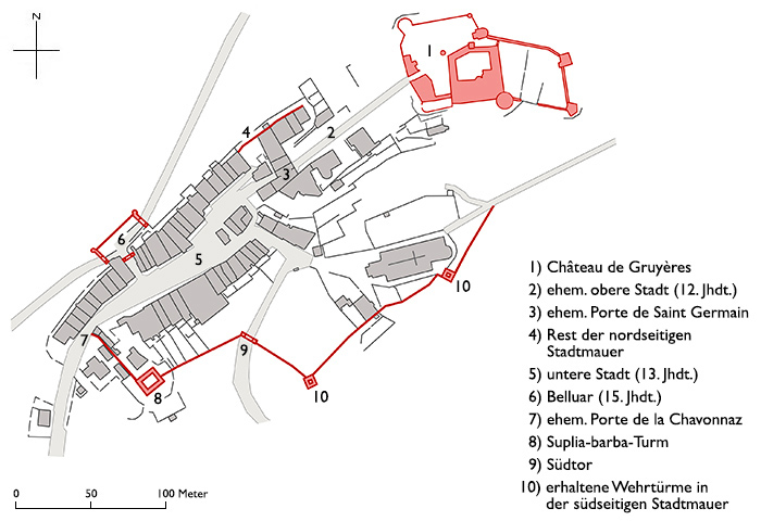 Grundriss Stadtbefestigung Gruyères