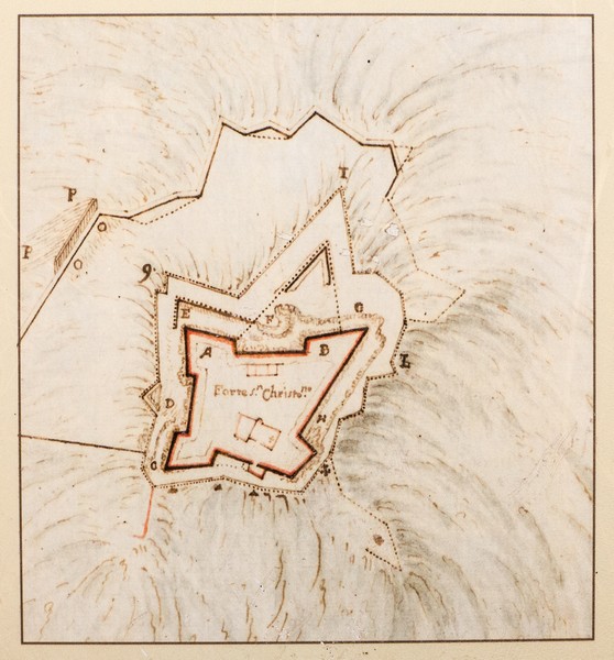 Die Festung San Cristobal im Grundriss. Die Bastionen A und B sind in etwa nach WNW ausgerichtet.