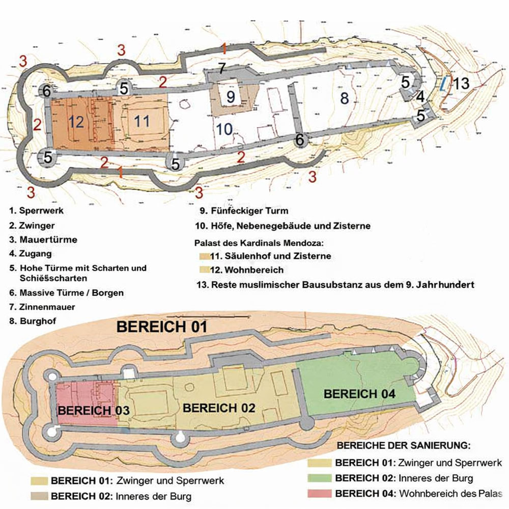 
Klicken Sie hier für eine virtuelle Tour durch das Schloss.
Klicken Sie hier, um das Buch herunterzuladen: Grundriss der Burg nach den archälogischen Ausgrabungen 2002-2007.
